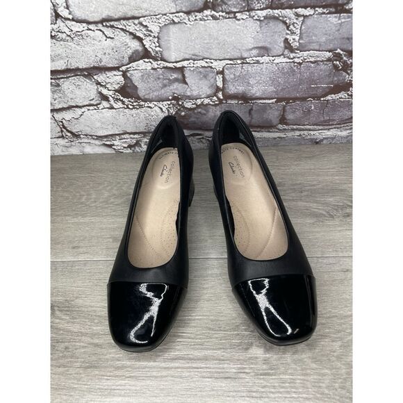 Clarks Marilyn Black Leather Patent Cap Toe Pump Heels Shoes Women Sz 8M US/39EU - Picture 2 of 16